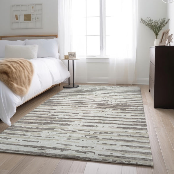 HomeRoots 5' X 8' Taupe And Ivory Striped Area Rug – Durable, Stain-Resistant, UV Protected for High-Traffic Use 670593