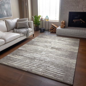 HomeRoots 5' X 8' Taupe And Ivory Striped Area Rug – Durable, Stain-Resistant, UV Protected for High-Traffic Use 670593