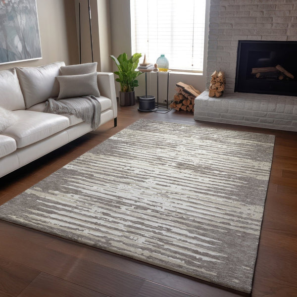 HomeRoots 5' X 8' Taupe And Ivory Striped Area Rug – Durable, Stain-Resistant, UV Protected for High-Traffic Use 670593