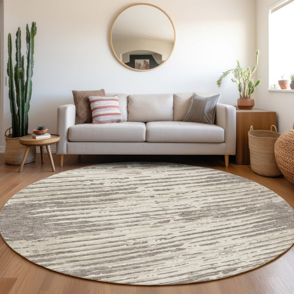 HomeRoots 8' Taupe and Ivory Striped Washable Round Rug - Durable, Stain-Resistant, UV Protected for Homes 670594