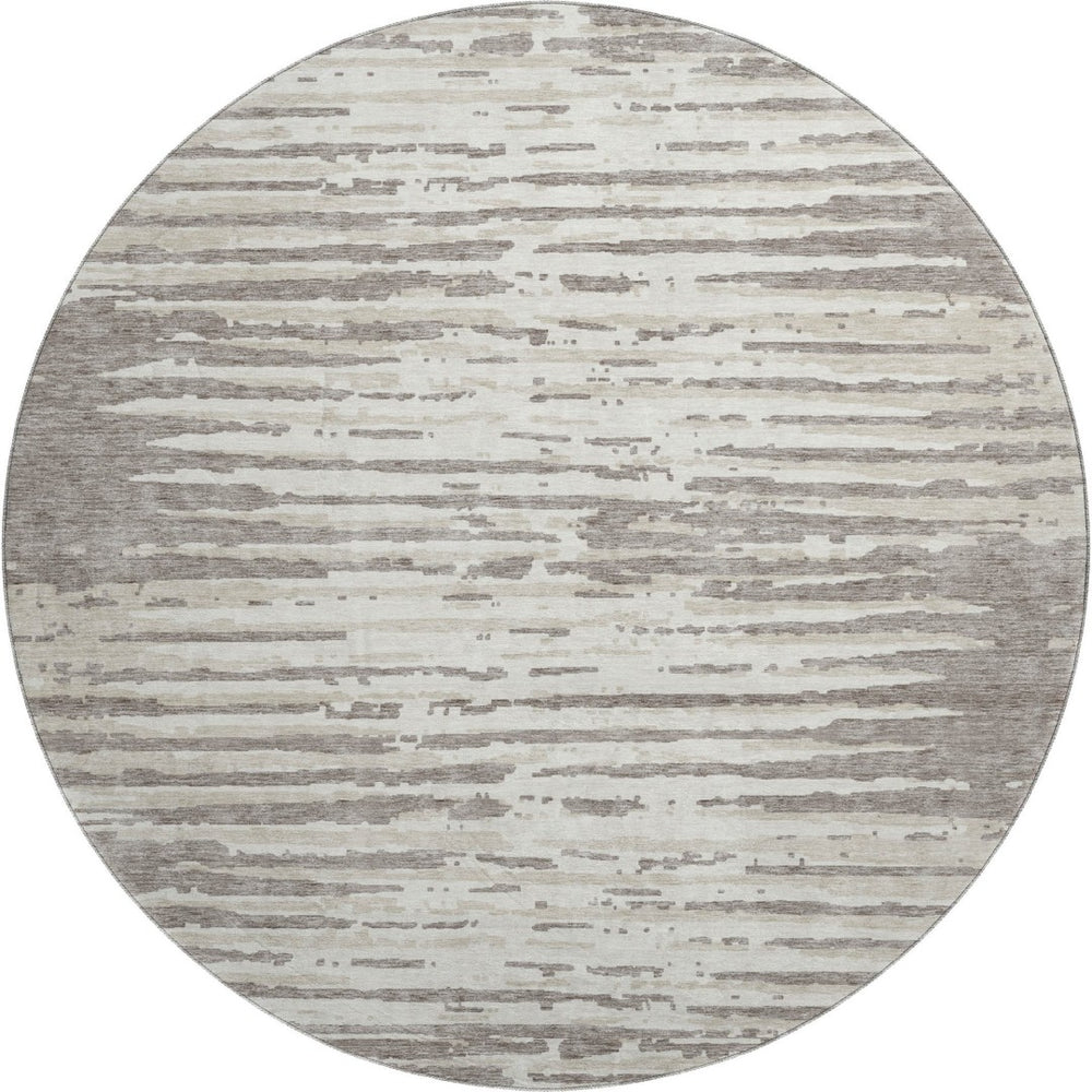 HomeRoots 8' Taupe and Ivory Striped Washable Round Rug - Durable, Stain-Resistant, UV Protected for Homes 670594