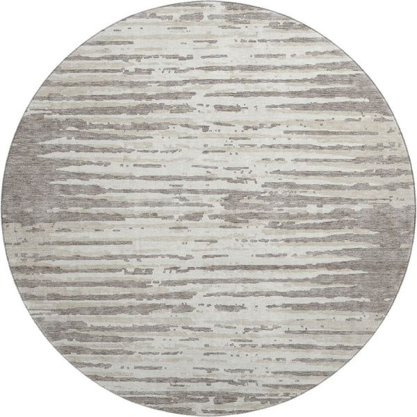 HomeRoots 8' Taupe and Ivory Striped Washable Round Rug - Durable, Stain-Resistant, UV Protected for Homes 670594