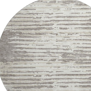 HomeRoots 8' Taupe and Ivory Striped Washable Round Rug - Durable, Stain-Resistant, UV Protected for Homes 670594