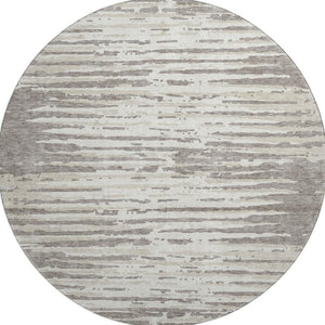 HomeRoots 8' Taupe and Ivory Striped Washable Round Rug - Durable, Stain-Resistant, UV Protected for Homes 670594