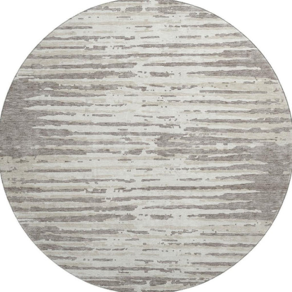 HomeRoots 8' Taupe and Ivory Striped Washable Round Rug - Durable, Stain-Resistant, UV Protected for Homes 670594