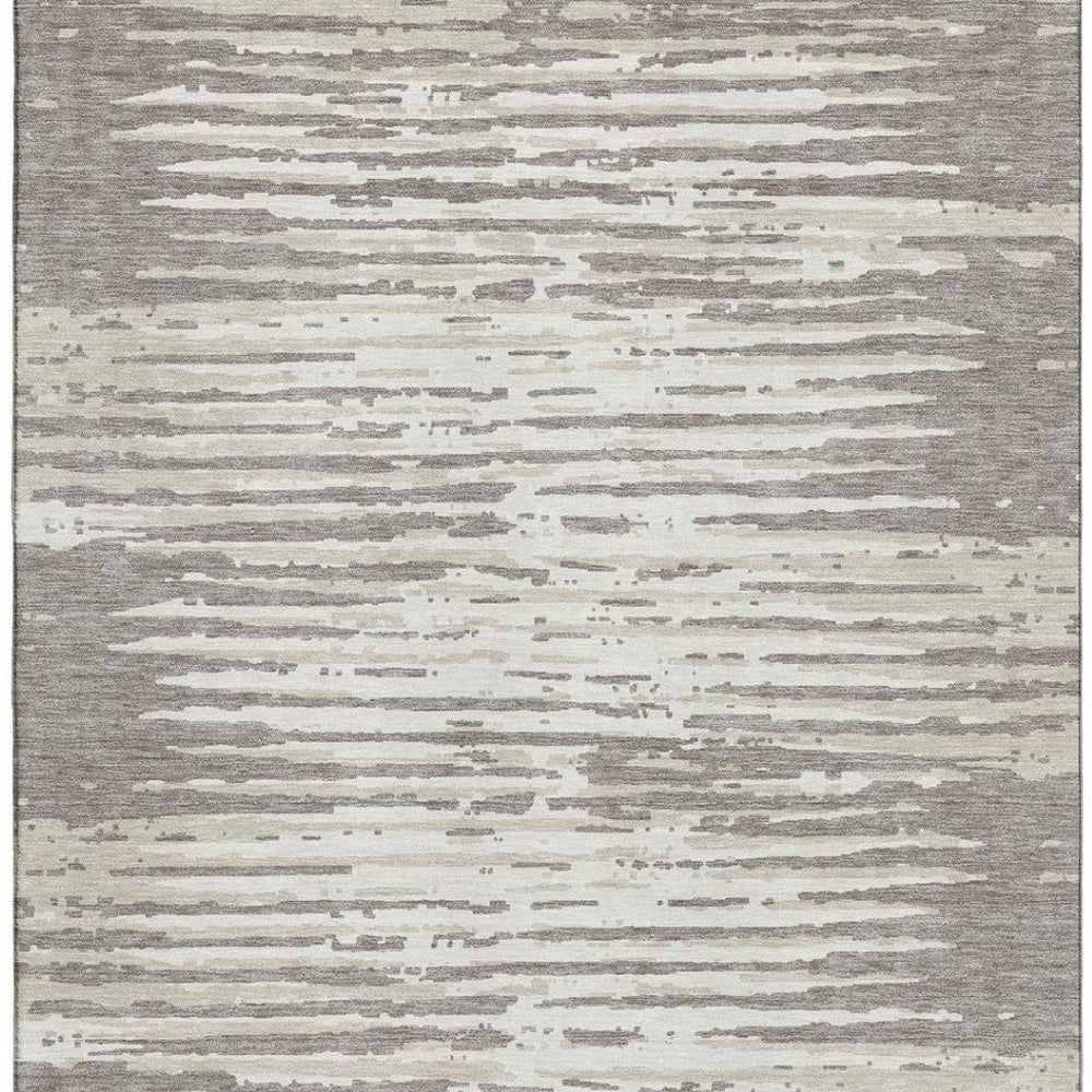 HomeRoots 9' X 12' Taupe and Ivory Striped Area Rug – Durable, Washable, Stain Resistant with UV Protection! 670596