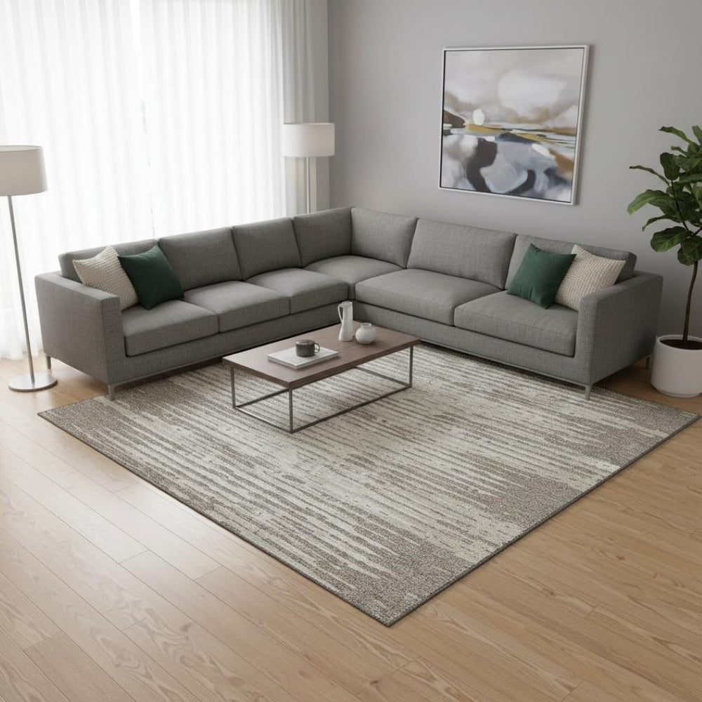 HomeRoots 10' X 14' Taupe and Ivory Striped Washable Area Rug with Stain Resistance and UV Protection 670597