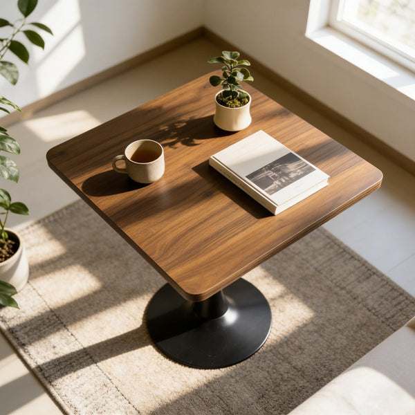 English Elm Square Tulip Pedestal Bistro Table Walnut Finish Mid Century Style for Compact Spaces W2641P460034