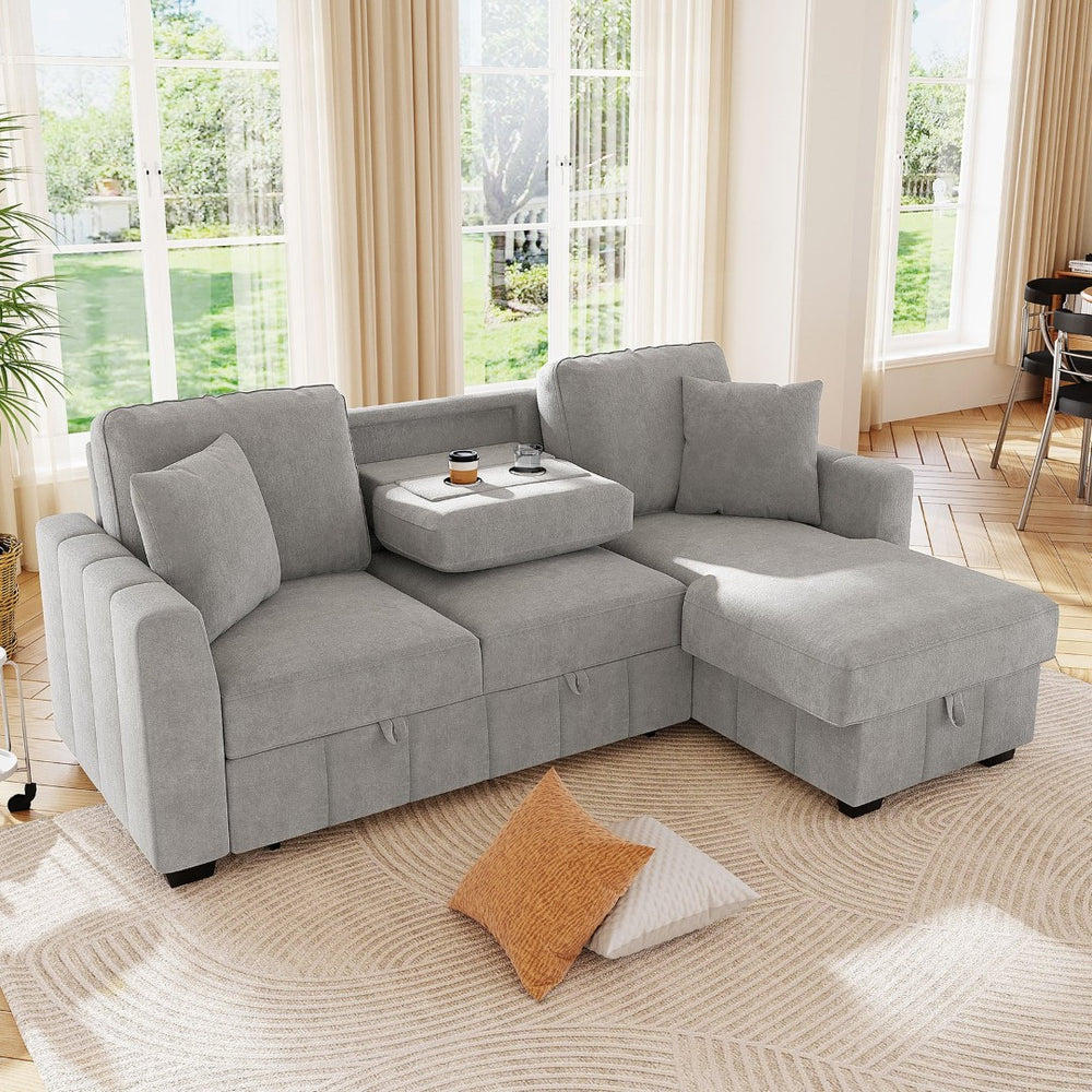 English Elm U_style Modular Sectional Sleeper Sofa with Storage Chaise and Cup Holders for Living Room Grey WY000467AAE