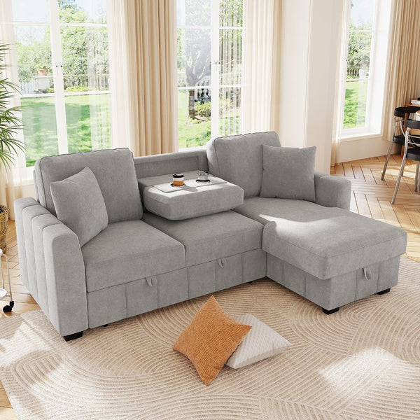 English Elm U_style Modular Sectional Sleeper Sofa with Storage Chaise and Cup Holders for Living Room Grey WY000467AAE