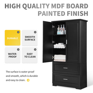 English Elm Tall Bathroom Storage Cabinet – Slim Black MDF Organizer with 2 Doors, 2 Drawers, Adjustable Shelves, Anti-Tip Device N725P172882B