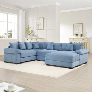 English Elm Oversized Modular Sectional Couch With Movable Ottoman - Luxurious Blue Corduroy, Ergonomic Comfort W714S01359-GIGA