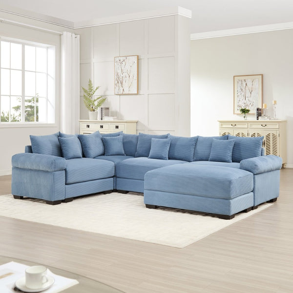 English Elm Oversized Modular Sectional Couch With Movable Ottoman - Luxurious Blue Corduroy, Ergonomic Comfort W714S01359-GIGA