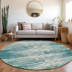 HomeRoots 8' Teal and Ivory Striped Round Rug – Washable, UV-Protected, Soft, Stain-Resistant for Family Homes 670600