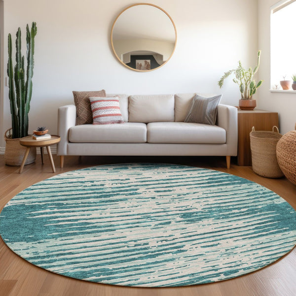 HomeRoots 8' Teal and Ivory Striped Round Rug – Washable, UV-Protected, Soft, Stain-Resistant for Family Homes 670600