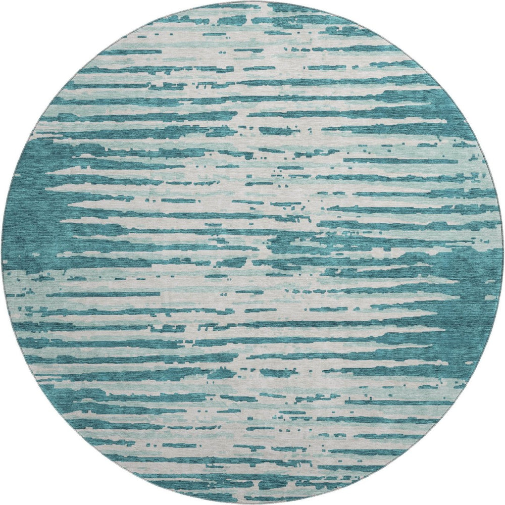 HomeRoots 8' Teal and Ivory Striped Round Rug – Washable, UV-Protected, Soft, Stain-Resistant for Family Homes 670600