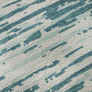 HomeRoots 8' Teal and Ivory Striped Round Rug – Washable, UV-Protected, Soft, Stain-Resistant for Family Homes 670600