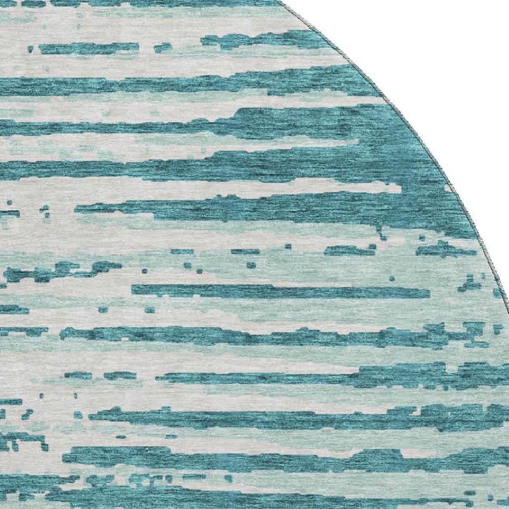 HomeRoots 8' Teal and Ivory Striped Round Rug – Washable, UV-Protected, Soft, Stain-Resistant for Family Homes 670600