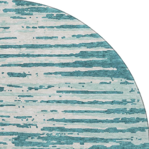 HomeRoots 8' Teal and Ivory Striped Round Rug – Washable, UV-Protected, Soft, Stain-Resistant for Family Homes 670600