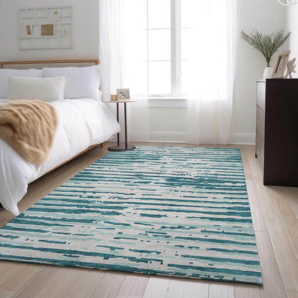 HomeRoots 8' X 10' Teal And Ivory Striped Area Rug – Durable, Stain-Resistant, UV Protected for Everyday Living 670601