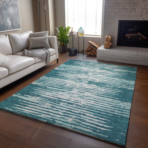 HomeRoots 8' X 10' Teal And Ivory Striped Area Rug – Durable, Stain-Resistant, UV Protected for Everyday Living 670601