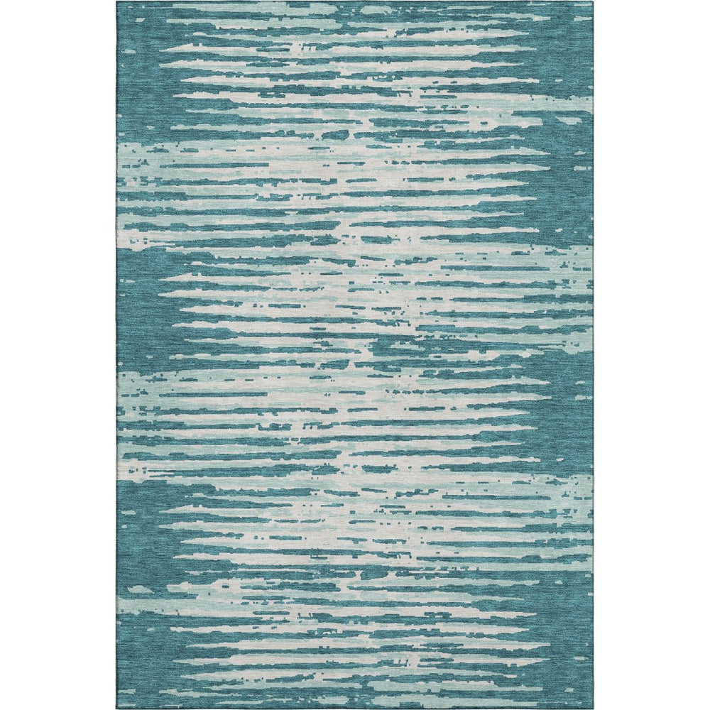 HomeRoots 9' X 12' Teal And Ivory Striped Area Rug - Washable, UV Protected, Stylish for High-Traffic Spaces 670602