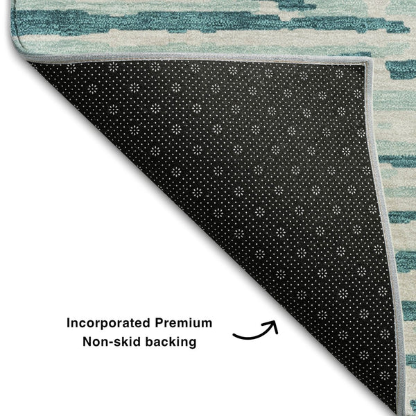 HomeRoots 9' X 12' Teal And Ivory Striped Area Rug - Washable, UV Protected, Stylish for High-Traffic Spaces 670602