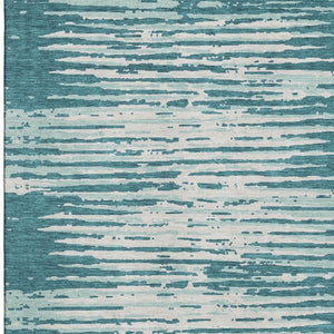 HomeRoots 9' X 12' Teal And Ivory Striped Area Rug - Washable, UV Protected, Stylish for High-Traffic Spaces 670602