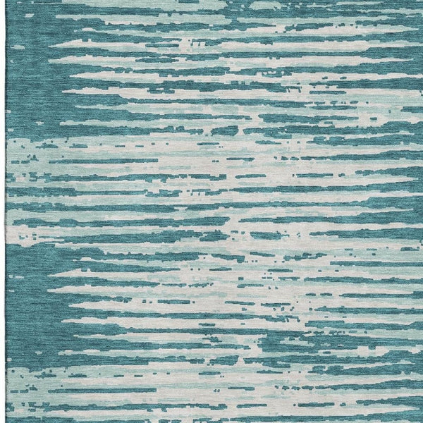 HomeRoots 9' X 12' Teal And Ivory Striped Area Rug - Washable, UV Protected, Stylish for High-Traffic Spaces 670602