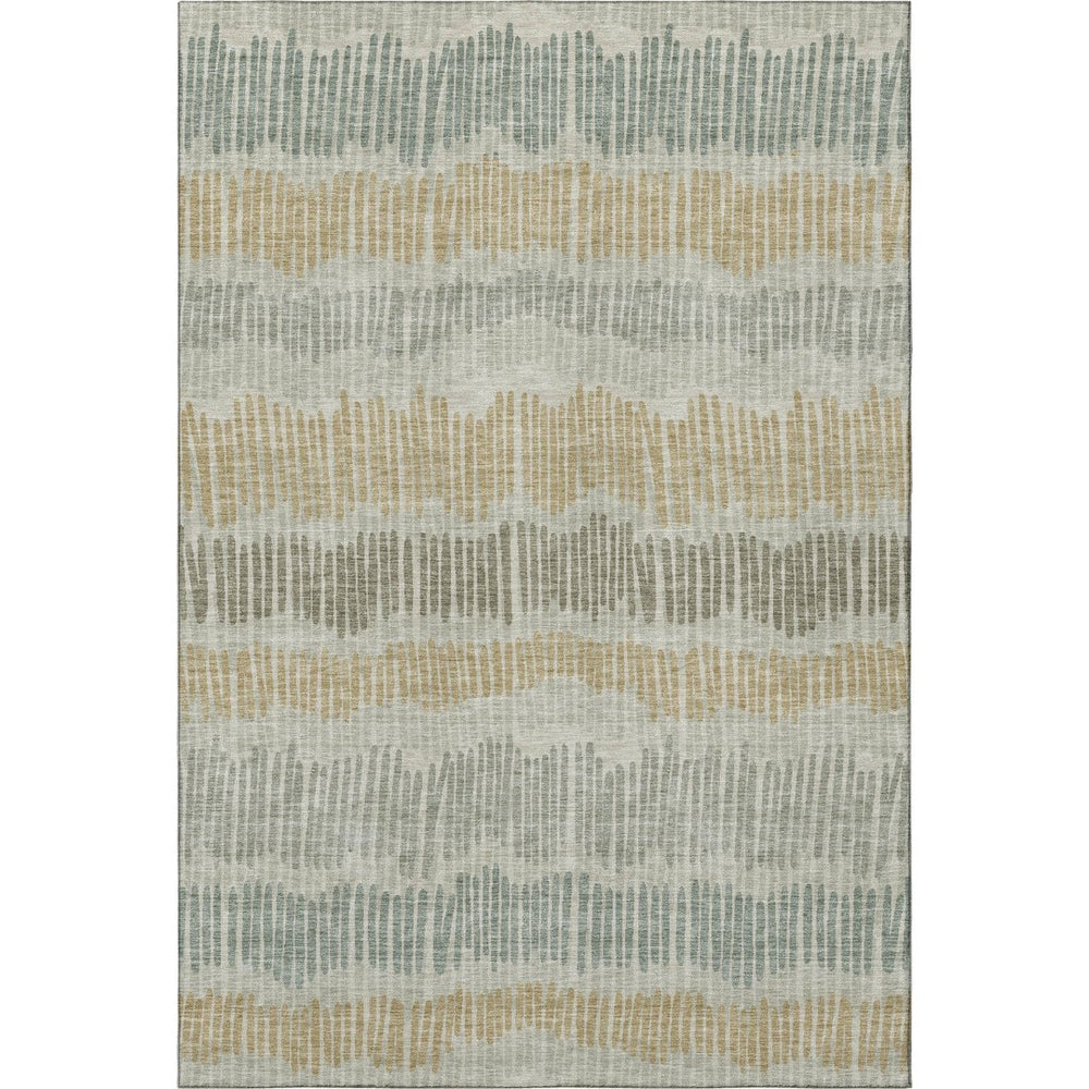 HomeRoots 5' Stylish Beige, Gold & Gray Striped Washable Area Rug with UV Protection for Versatile Living Spaces 670606