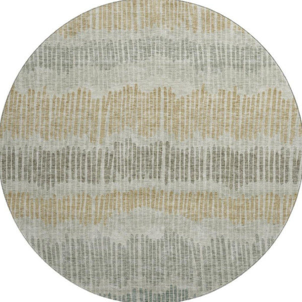 HomeRoots 8' Striped Round Rug in Beige, Gold & Gray – Washable, UV-Protected, Durable for Homes & Outdoors 670607