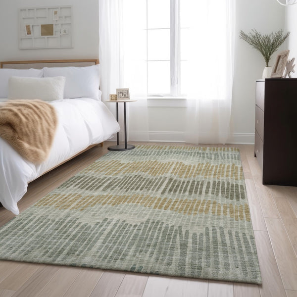 HomeRoots 9' X 12' Elegant Beige, Gold & Gray Striped Area Rug – Washable, UV Protected & Stain Resistant Design 670609