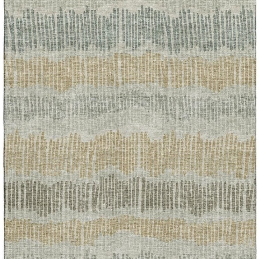 HomeRoots 10' X 14' Beige, Gold & Gray Striped Washable Area Rug - Durable, Stain-Resistant, UV Protected Design 670610