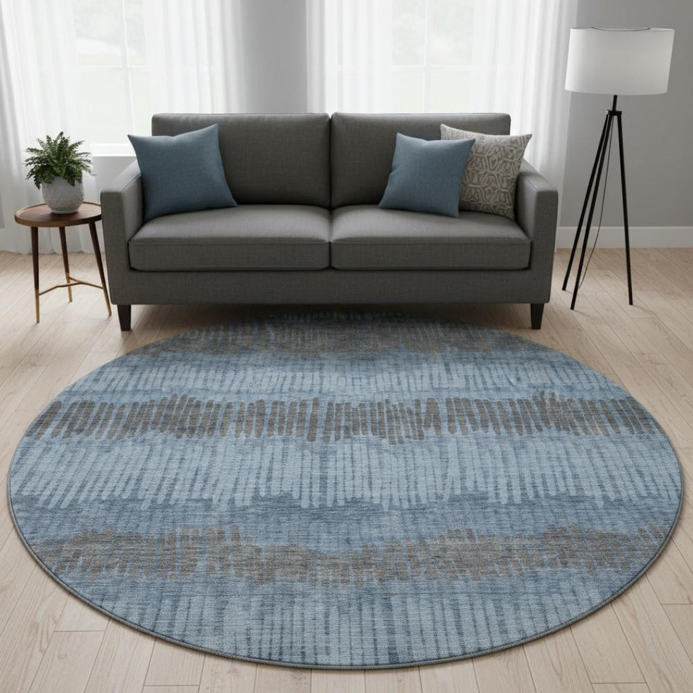 HomeRoots 8' Blue Ivory and Gray Striped Washable Round Rug - Durable, Stylish, and UV-Protected for All Rooms 670613