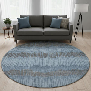 HomeRoots 8' Blue Ivory and Gray Striped Washable Round Rug - Durable, Stylish, and UV-Protected for All Rooms 670613