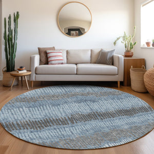 HomeRoots 8' Blue Ivory and Gray Striped Washable Round Rug - Durable, Stylish, and UV-Protected for All Rooms 670613