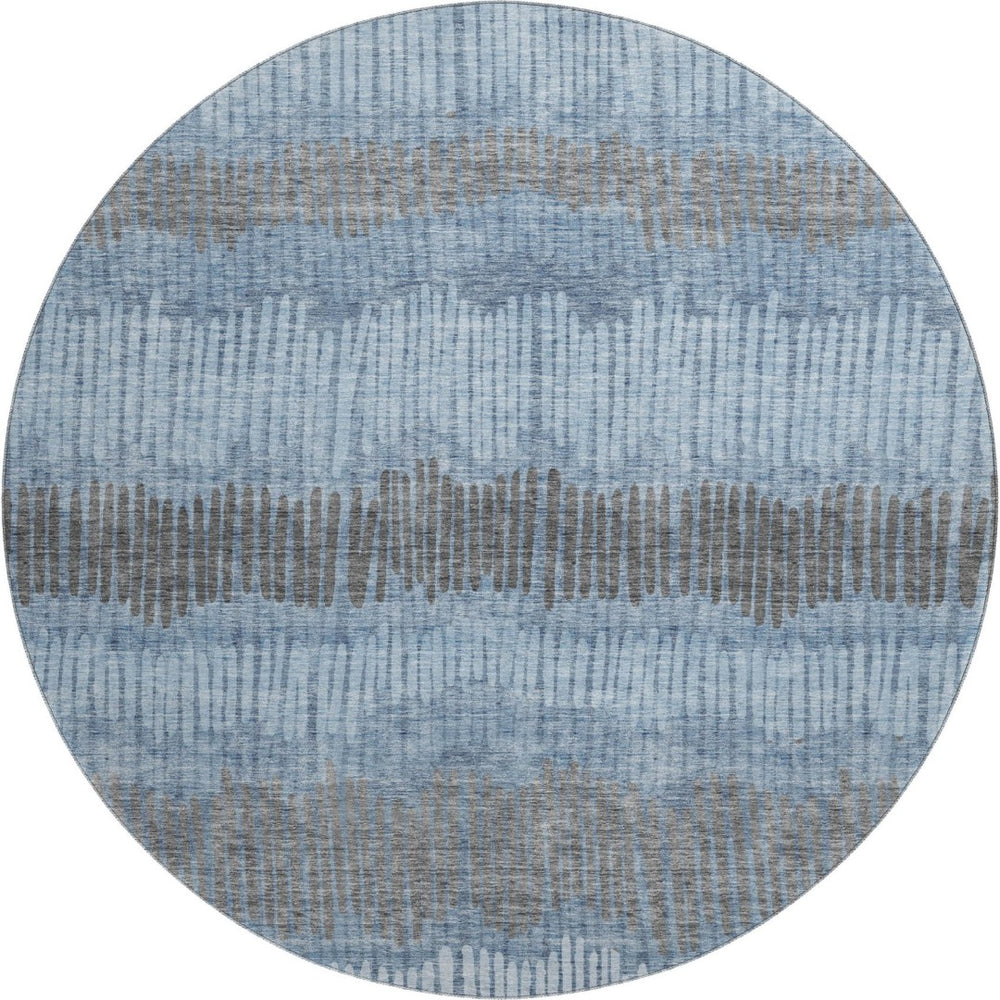 HomeRoots 8' Blue Ivory and Gray Striped Washable Round Rug - Durable, Stylish, and UV-Protected for All Rooms 670613