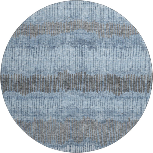 HomeRoots 8' Blue Ivory and Gray Striped Washable Round Rug - Durable, Stylish, and UV-Protected for All Rooms 670613
