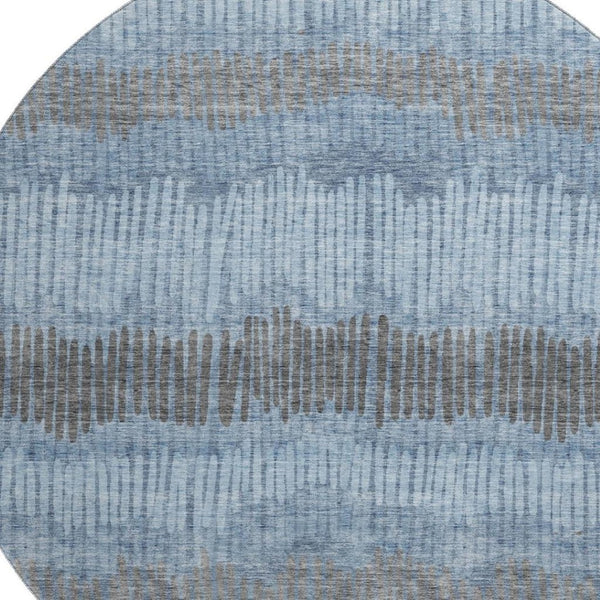 HomeRoots 8' Blue Ivory and Gray Striped Washable Round Rug - Durable, Stylish, and UV-Protected for All Rooms 670613