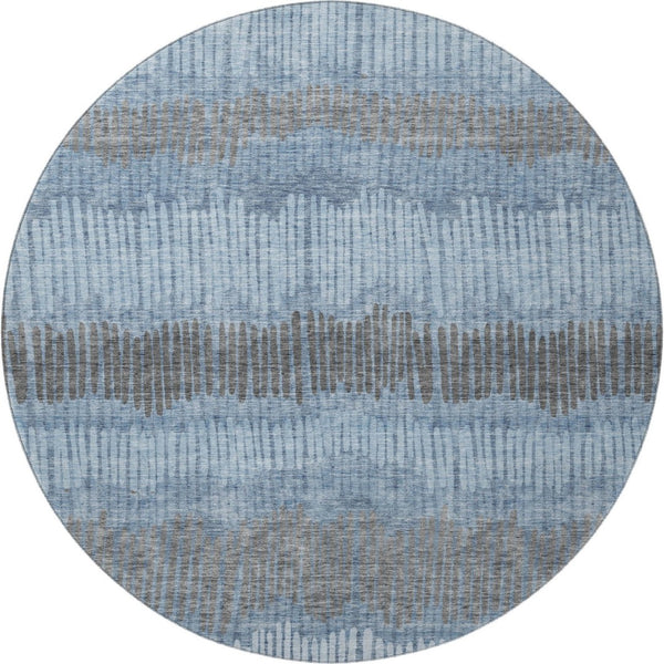 HomeRoots 8' Blue Ivory and Gray Striped Washable Round Rug - Durable, Stylish, and UV-Protected for All Rooms 670613
