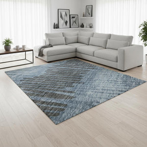 HomeRoots 8' X 10' Striped Washable Area Rug in Blue, Ivory & Gray – UV Protected, Stain Resistant & Soft Comfort 670614