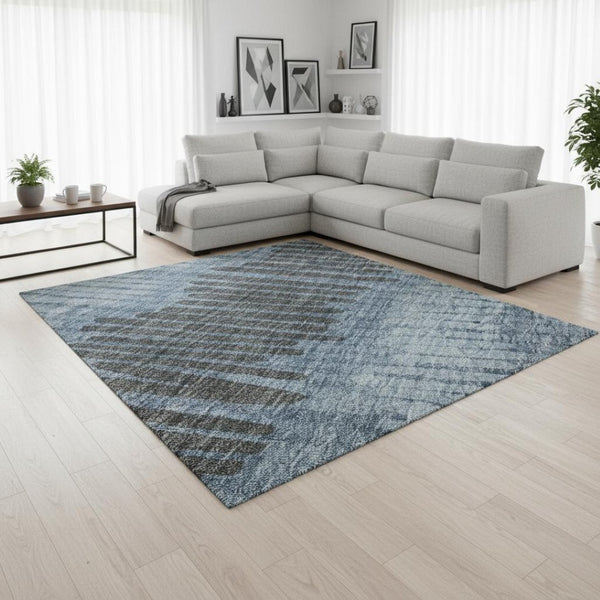 HomeRoots 8' X 10' Striped Washable Area Rug in Blue, Ivory & Gray – UV Protected, Stain Resistant & Soft Comfort 670614