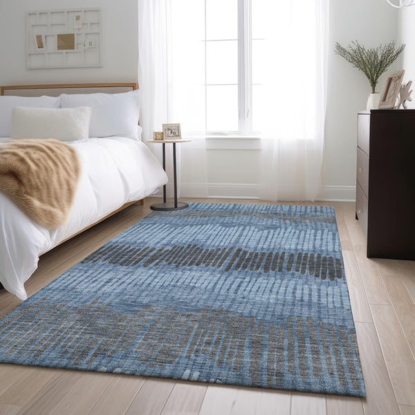 HomeRoots 9' X 12' Stylish Blue, Ivory & Gray Striped Washable Area Rug – Durable, UV-Protected & Easy-Clean! 670615