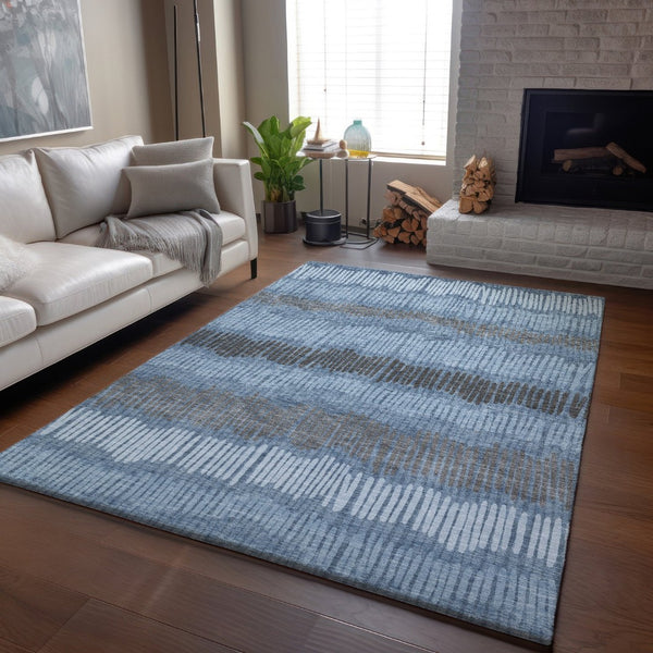 HomeRoots 9' X 12' Stylish Blue, Ivory & Gray Striped Washable Area Rug – Durable, UV-Protected & Easy-Clean! 670615