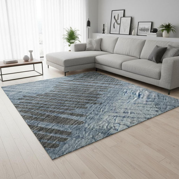HomeRoots 9' X 12' Stylish Blue, Ivory & Gray Striped Washable Area Rug – Durable, UV-Protected & Easy-Clean! 670615