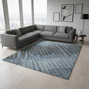 HomeRoots 10' Blue Ivory Gray Striped Washable Area Rug – Durable, UV-Protected, Perfect for Family Spaces 670616