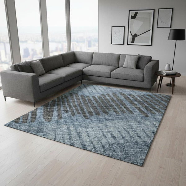 HomeRoots 10' Blue Ivory Gray Striped Washable Area Rug – Durable, UV-Protected, Perfect for Family Spaces 670616