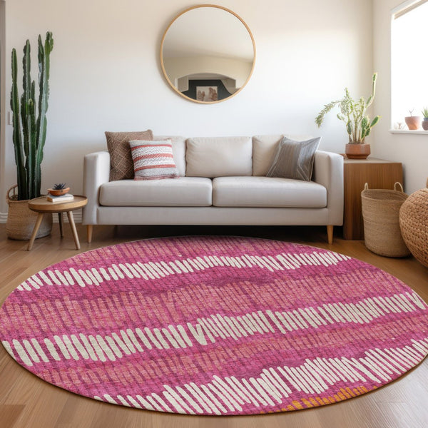 HomeRoots 8' Blush Orange & Ivory Striped Washable Round Rug with UV Protection for Stylish Living Spaces 670619