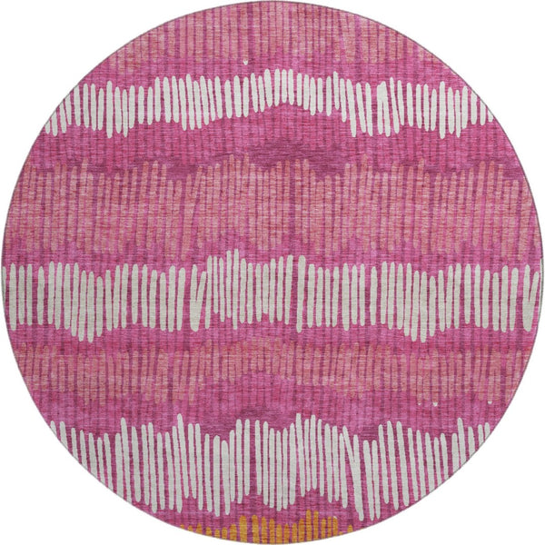 HomeRoots 8' Blush Orange & Ivory Striped Washable Round Rug with UV Protection for Stylish Living Spaces 670619