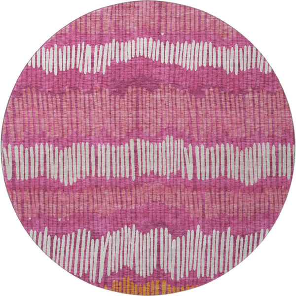 HomeRoots 8' Blush Orange & Ivory Striped Washable Round Rug with UV Protection for Stylish Living Spaces 670619